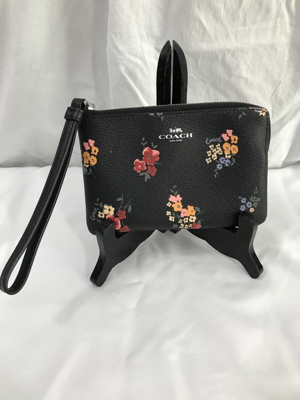 Coach Corner Zip PVC Leather Wild Flower Black Multi  Wristlet